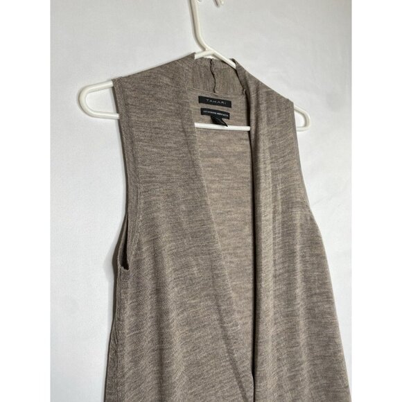 Tahari Women's Taupe 100% Merino Wool Sleeveless Midi Duster Vest Size Small - Picture 2 of 7